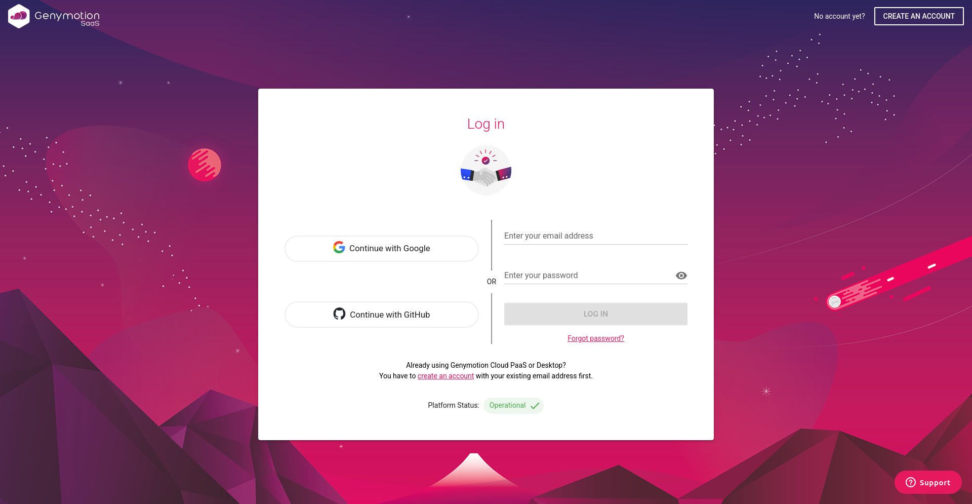 Genymotion SaaS account log in page
