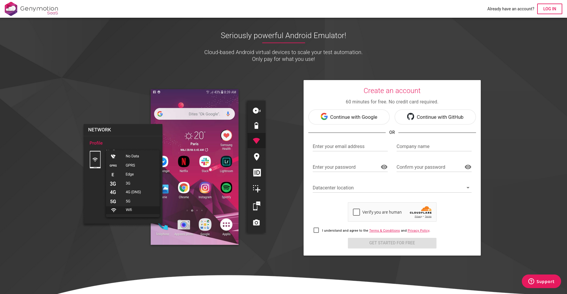 Genymotion SaaS account sign up
