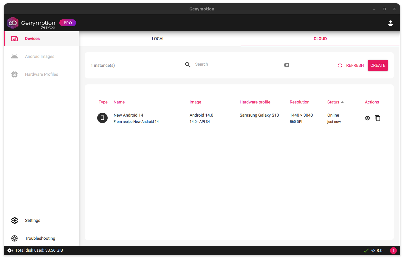 Genymotion Cloud devices dashboard with running instance