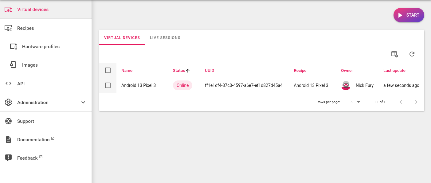 Genymotion SaaS virtual devices dashboard