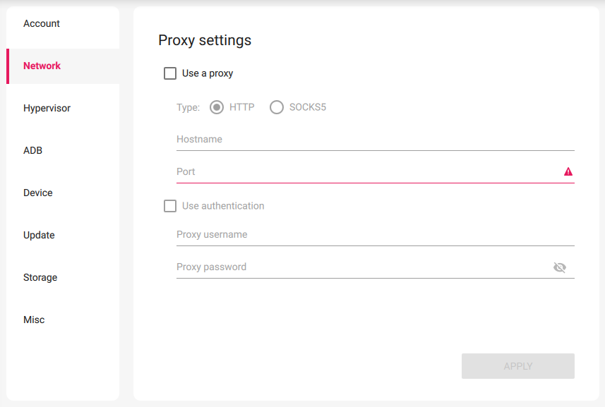 Network settings tab