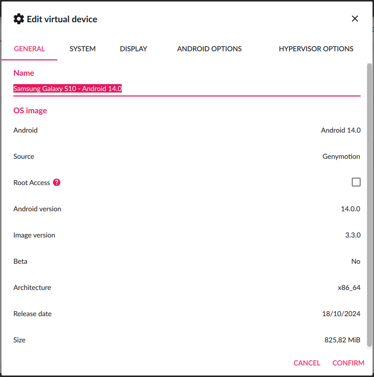 Virtual device settings