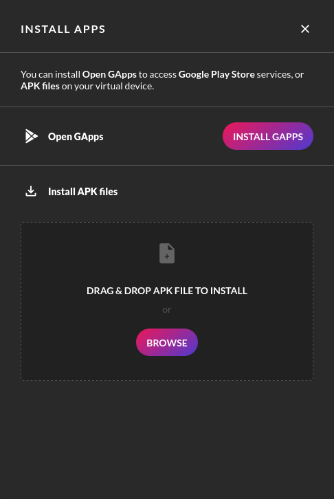 Install Apps Widget window
